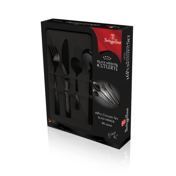 Tacâmuri din oțel inoxidabil negre16 buc Black Mirror Collection - BerlingerHaus-image-1
