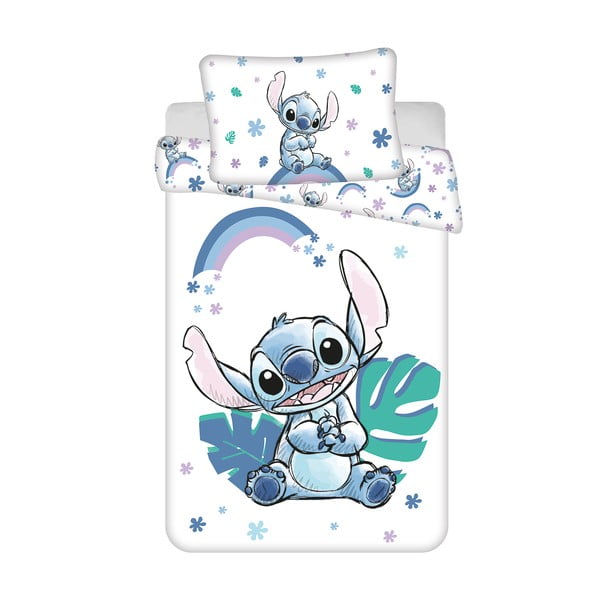 Lenjerie de pat pentru copii albă/albastră din bumbac pentru pătuț 135x100 cm Lilo and Stitch "Rainbow" – Jerry Fabrics