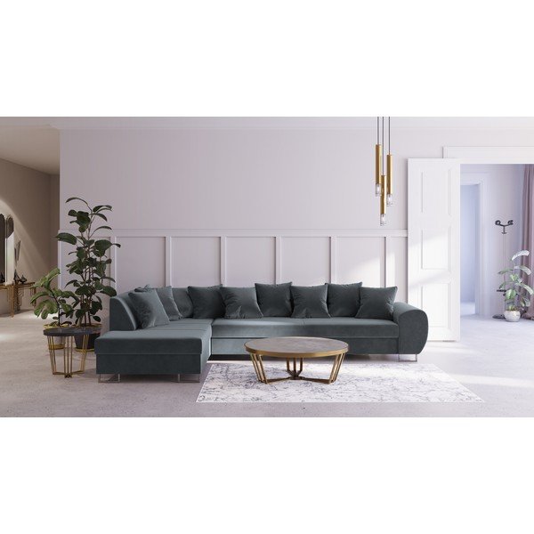Colțar extensibil din catifea Kooko Home Calmato, colț pe stânga, gri-image-1