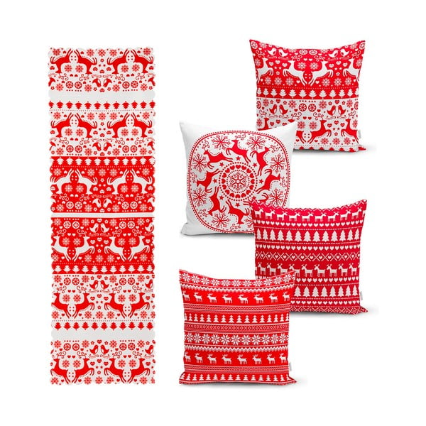 Set 4 fețe de pernă și un napron de masă cu model de Crăciun Minimalist Cushion Covers Christmas