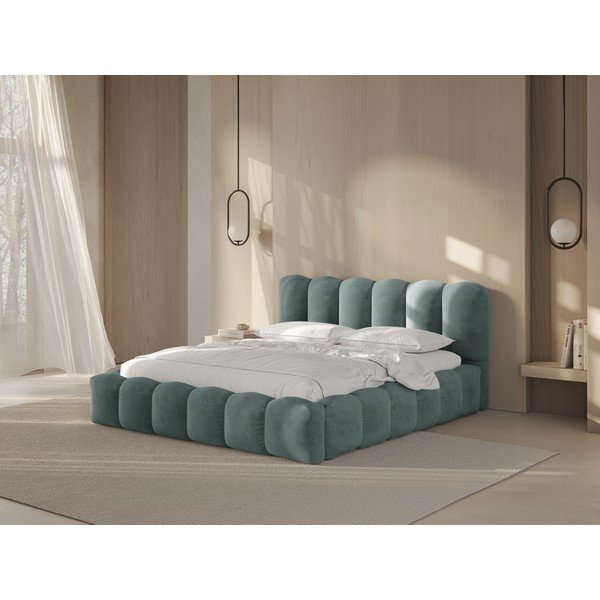 Pat matrimonial verde mentă tapițat cu spațiu de depozitare cu somieră 160x200 cm Lupine – Micadoni -image-1