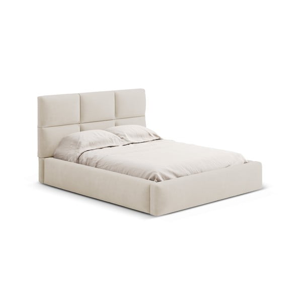 Pat matrimonial bej tapițat cu spațiu de depozitare cu somieră 160x200 cm Libera – Windsor & Co Sofas