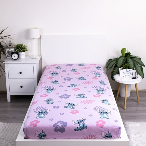 Cearceaf pentru copii din bumbac pentru pat de o persoană cu elastic 90x200 cm Lilo and Stitch – Jerry Fabrics-image-1