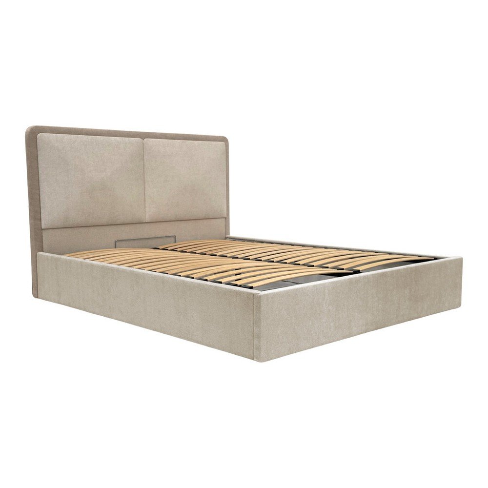Pat matrimonial bej/taupe tapițat cu spațiu de depozitare cu somieră 180x200 cm Mara – Bobochic Paris