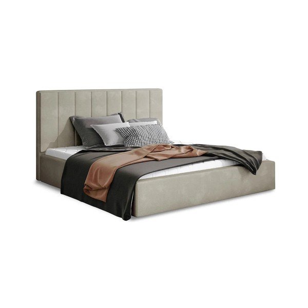 Pat matrimonial bej tapițat cu spațiu de depozitare cu somieră 200x200 cm Audrey – ELTAP
