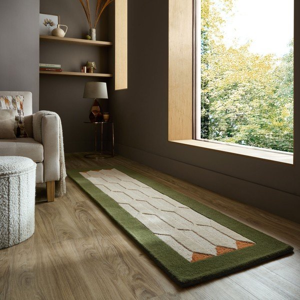 Covor tip traversă verde/în culoare naturală țesut manual din lână 60x230 cm Apex Border Wool – Flair Rugs-image-1