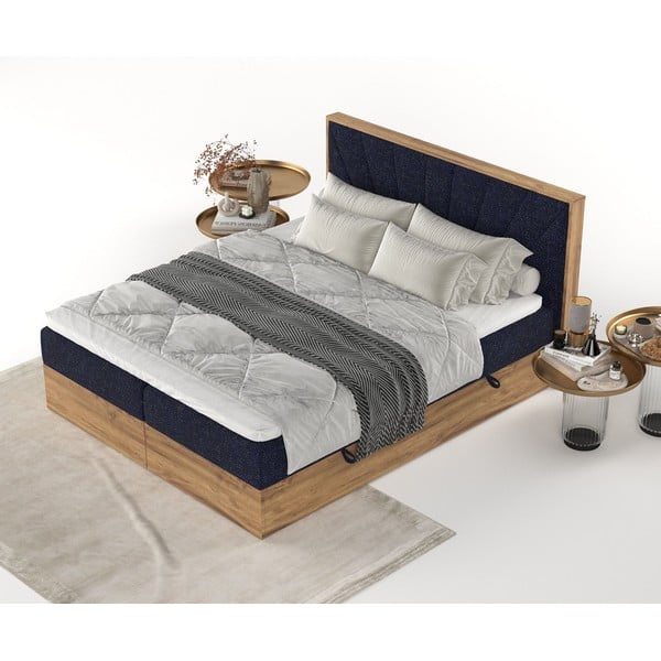 Pat boxspring albastru închis/în culoare naturală cu spațiu de depozitare 180x200 cm Asahi – Maison de Rêve-image-3