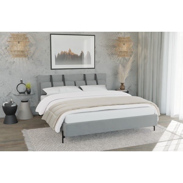 Pat matrimonial gri deschis tapițat cu somieră 180x200 cm Tulsa – Ropez-image-1