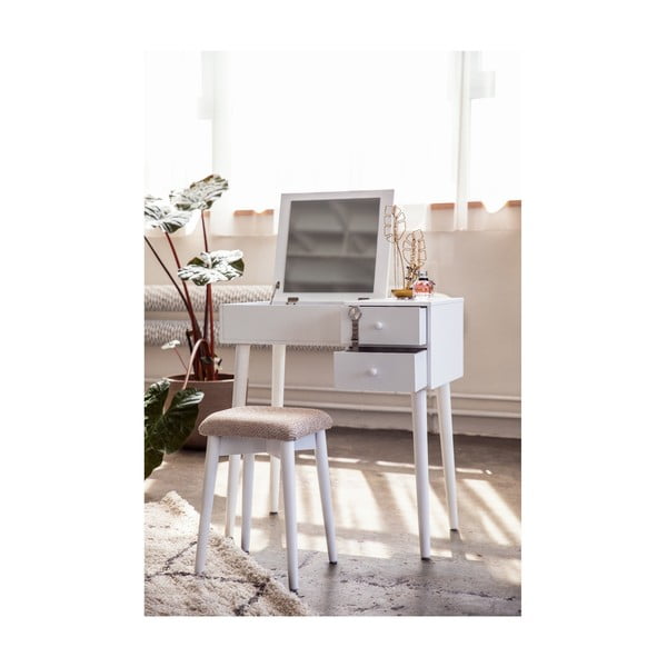 Masă de toaletă cu oglindă, 2 sertare și cutie de bijuterii Bonami Essentials Beauty, alb-image-3