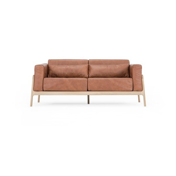Canapea din piele bovină cu structură din lemn masiv de stejar Gazzda Fawn, maro cognac