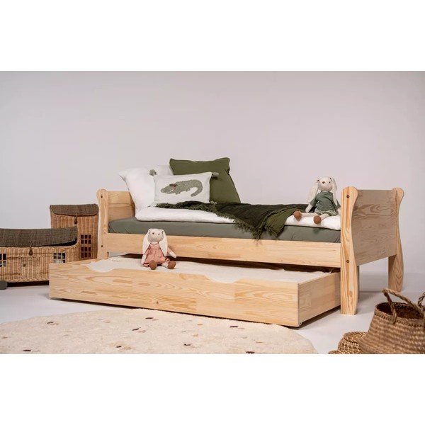 Pat pentru copii  în culoare naturală cu extensie suplimentară din lemn de pin cu spațiu de depozitare cu somieră 90x160 cm Roma – Adeko-image-1