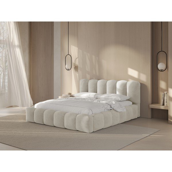 Pat matrimonial bej tapițat cu spațiu de depozitare cu somieră 140x200 cm Lupine – Micadoni -image-1