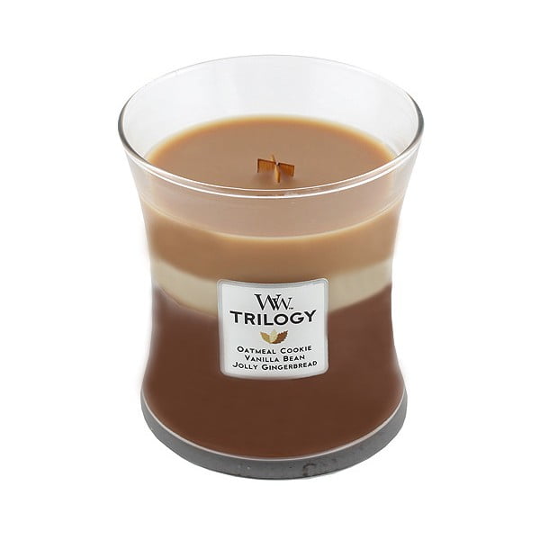 Lumânare parfumată a WoodWick Trilogy, aromă de scorțișoară, ovăz și lapte de migdale, 60 ore