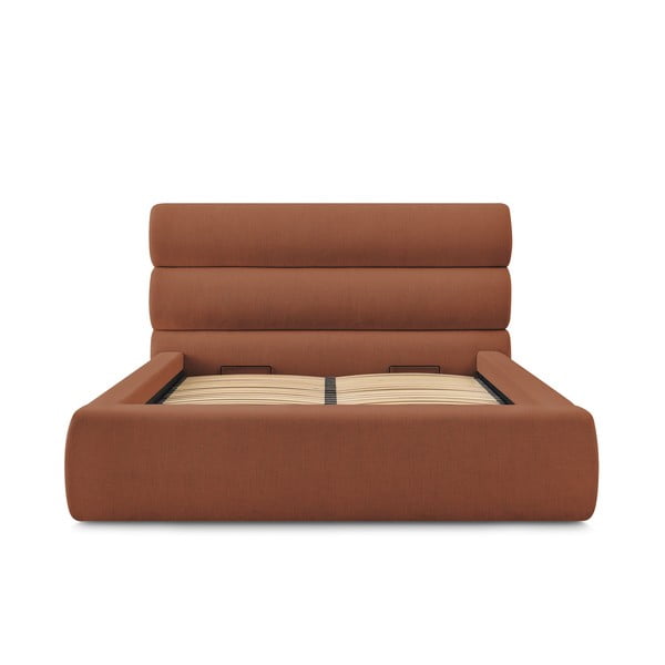 Pat matrimonial portocaliu tapițat cu spațiu de depozitare și somieră 160x200 cm Jagna – Bobochic Paris-image-3