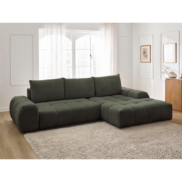 Colțar verde extensibil/cu spațiu de depozitare cu tapițerie din chenille (cu colț pe partea dreaptă/cu șezlong) Everest – Bobochic Paris-image-1