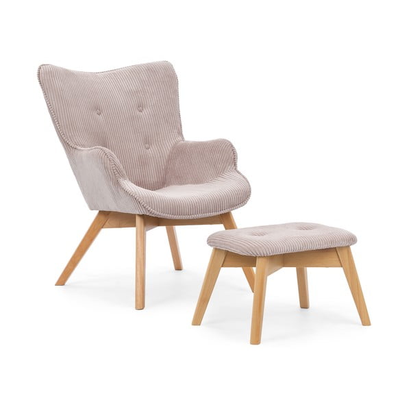 Fotoliu cu taburet roz deschis cu tapițerie din catifea reiată Niko – Ropez