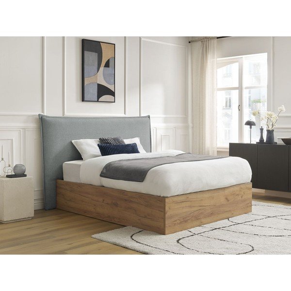 Pat matrimonial gri deschis tapițat/din  placă aglomerată de lemn tapițat cu spațiu de depozitare cu somieră 180x200 cm Charlie – Bobochic Paris-image-1