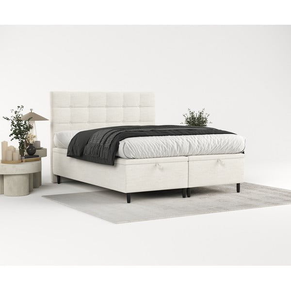 Pat matrimonial crem tapițat cu spațiu de depozitare 160x200 cm Senses – Maison de Rêve-image-4