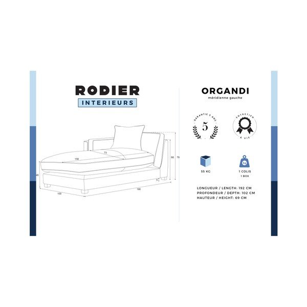 Șezlong cu spătar pe partea dreaptă Rodier Organdi, turcoaz cu tiv crem-image-2