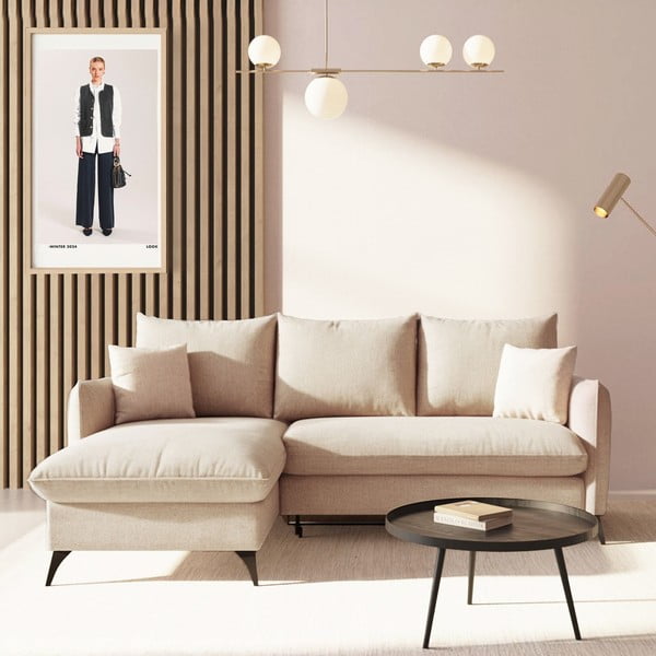 Colțar bej extensibil, cu spațiu de depozitare cu tapițerie din țesătură bouclé (cu colț pe partea stângă, cu șezlong) Brim – Rodier-image-1