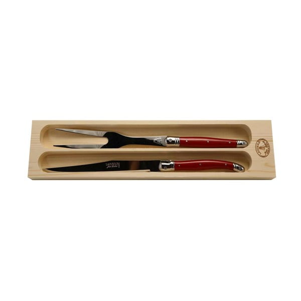 Set cuțit din inox și furculiță pentru porționat friptura în suport din lemn Jean Dubost Carving Red