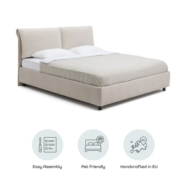 Pat matrimonial bej tapițat cu spațiu de depozitare cu somieră 180x200 cm Myra Pillow – Bonami Selection-image-4