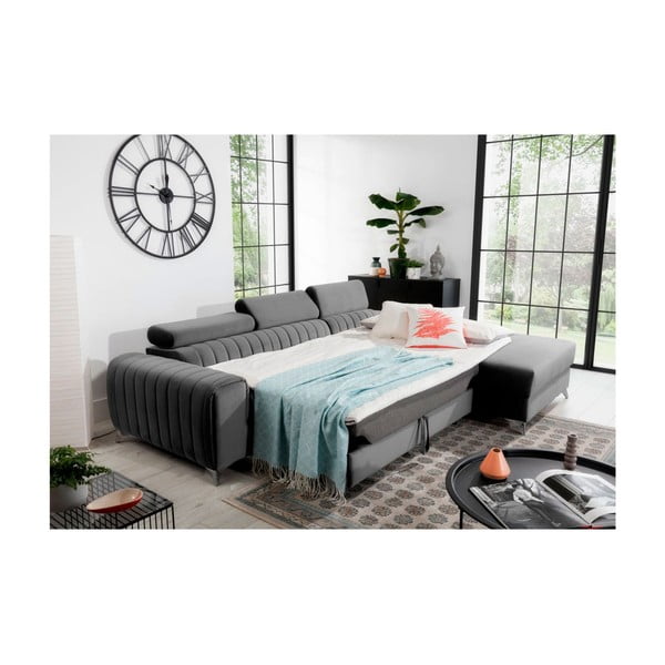 Colțar gri extensibil/cu spațiu de depozitare cu tapițerie din catifea (cu colț pe partea dreaptă/cu șezlong) Grayson – ELTAP-image-4