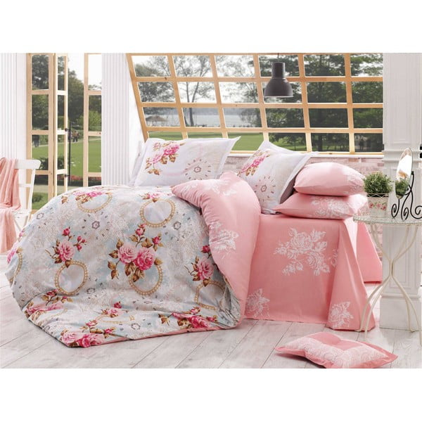 Lenjerie de pat și cearșaf din bumbac poplin pentru pat dublu Clementina Pink, 200 x 220 cm