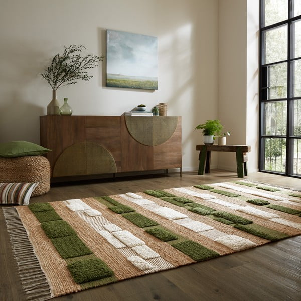 Covor verde/în culoare naturală țesut manual din amestec de iută 160x230 cm Medina Blocks – Flair Rugs-image-1