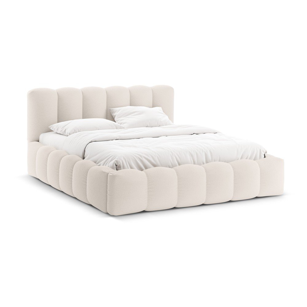 Pat matrimonial crem tapițat cu spațiu de depozitare cu somieră 180x200 cm Lupine – Micadoni