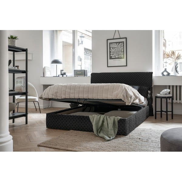 Pat matrimonial negru tapițat cu spațiu de depozitare și somieră 160x200 cm Sleepy Luna – Miuform-image-1