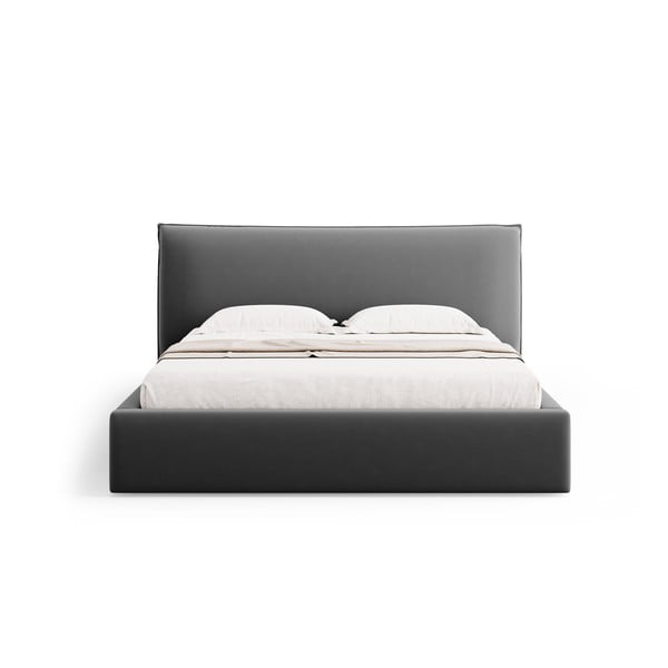 Pat matrimonial gri închis tapițat cu spațiu de depozitare cu somieră 180x200 cm Elio – Milo Casa-image-3