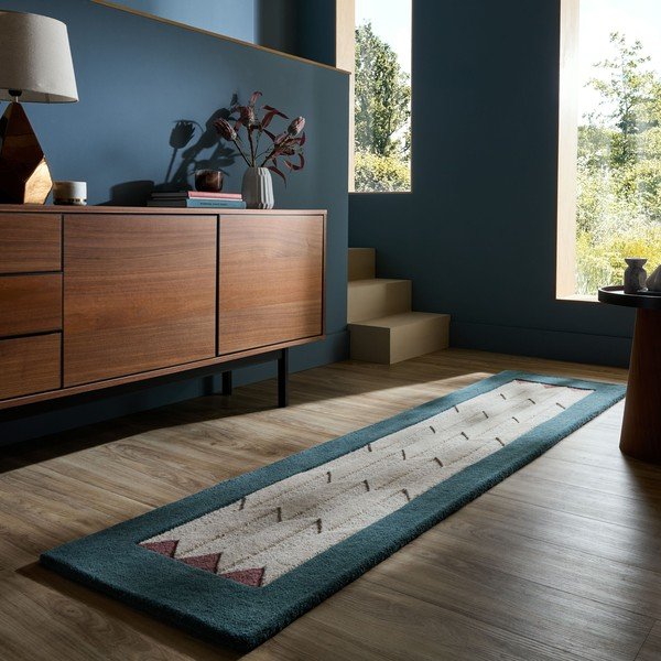 Covor tip traversă în culoare naturală/albastru-verde țesut manual din lână 60x230 cm Apex Border Wool – Flair Rugs-image-1