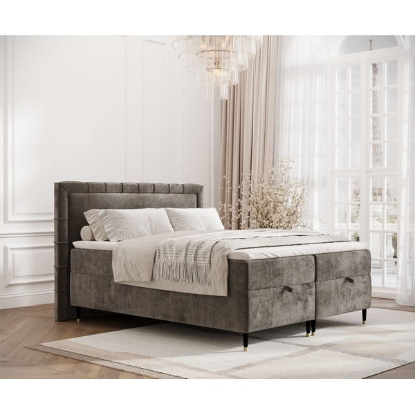 Pat boxspring gri închis cu spațiu de depozitare 160x200 cm Voyage – Maison de Rêve-image-1