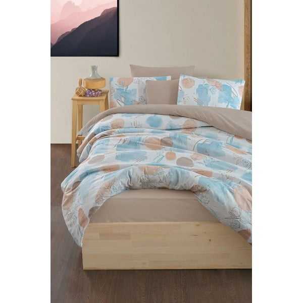 Lenjerie de pat albastră/maro pentru pat dublu/canapea extinsă cu cearceaf inclus/cu 4 piese 200x220 cm Magnolia – Mila Home-image-1