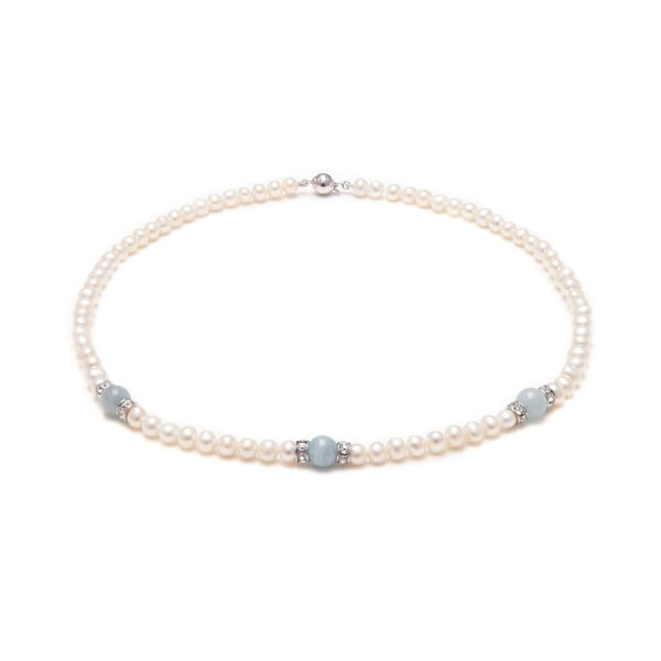 Colier din perle de râu GemSeller Thesium, perle albe și pietricele albastre 