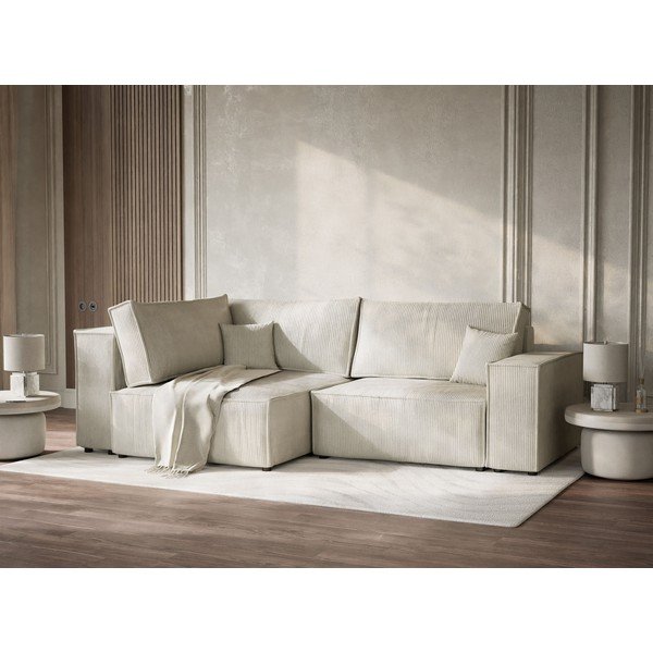 Colțar crem extensibil/cu spațiu de depozitare cu tapițerie din catifea reiată  (cu colț pe partea stângă/în formă de ”L”) Tonga – Maison de Rêve-image-4