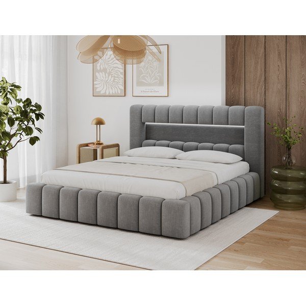 Pat matrimonial gri tapițat cu spațiu de depozitare cu somieră 140x200 cm Lamica – ELTAP-image-2