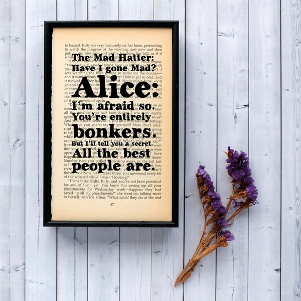 Placardă cu ramă din lemn  Alice in Wonderland Bonkers