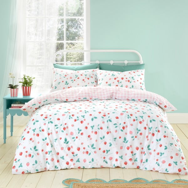 Lenjerie de pat albă/roz pentru pat dublu 200x200 cm Strawberry Garden – Catherine Lansfield