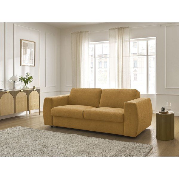 Canapea galben-muștar pentru dormitul zilnic/extensibilă cu tapițerie din chenille 240 cm Hugo – Bobochic Paris-image-1