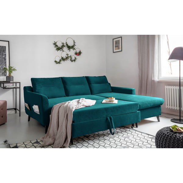 Colțar extensibil din catifea cu șezlong pe partea dreaptă Miuform Stylish Stan, turcoaz-image-4