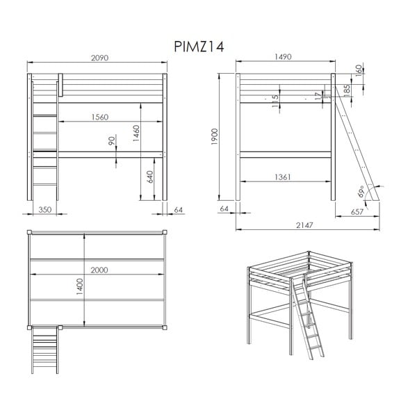 Pat pentru copii cu scară Vipack Pino, 140 x 200 cm, alb-image-2