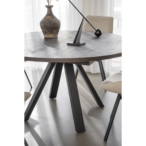 Masă de dining maro închis rotundă extensibilă cu aspect de lemn de stejar ø 135 cm Maddock – Rowico-image-1