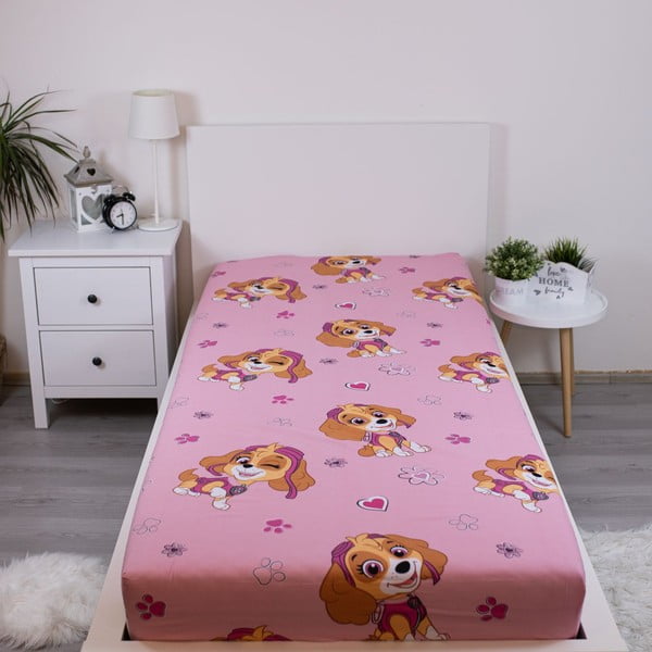 Cearceaf pentru copii roz din bumbac pentru pat de o persoană cu elastic 90x200 cm Paw Patrol – Jerry Fabrics-image-1