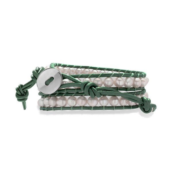 Brățară din piele cu perle Nova Pearls Copenhagen Néreus, verde închis-alb-image-1