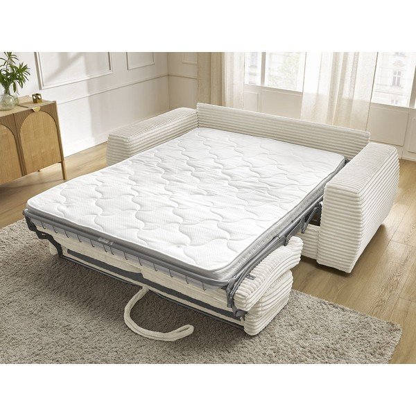 Canapea bej pentru dormitul zilnic/extensibilă cu tapițerie din catifea reiată  240 cm Hugo – Bobochic Paris-image-1