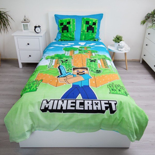 Lenjerie de pat fosforescentă pentru copii din bumbac pentru pat de o persoană 140x200 cm Minecraft "Jungle Fight" – Jerry Fabrics-image-1