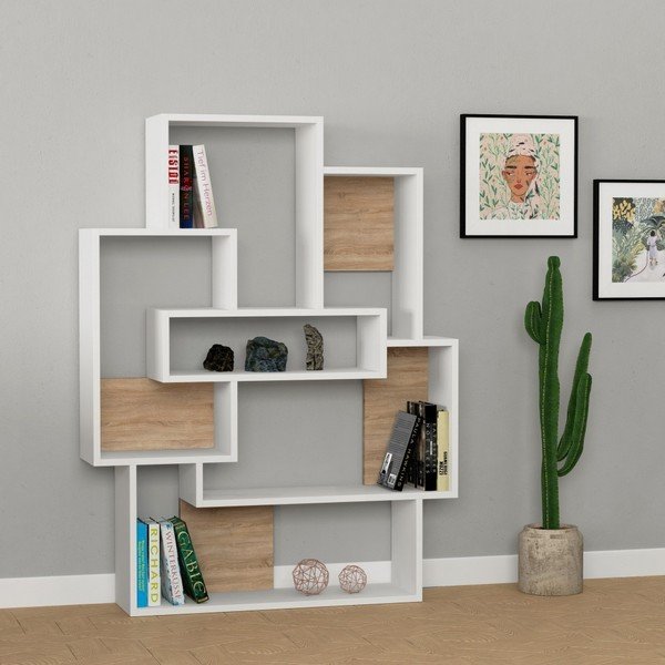 Bibliotecă cu detalii în decor de lemn de stejar Barce White Oak, alb-image-1