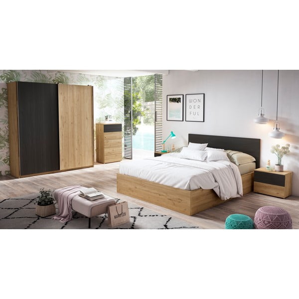 Noptieră neagră/în culoare naturală cu aspect de lemn de stejar Care – Marckeric-image-1